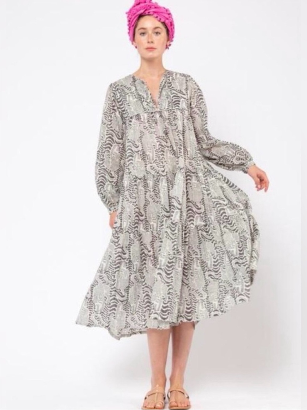 Matta NY Yamini Tiger Dress Long-Sleeve Tiered Cotton Midi Dress XS